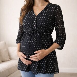 Serenlily Maternity Black Printed Blouse Size M Tie Waist